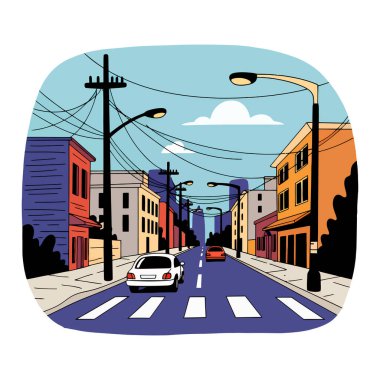 Tarzlı bir illüstrasyon, parçalı bulutlu bir gökyüzü altında arabalar, binalar ve elektrik kablolarının yer aldığı bir şehir sokak sahnesini tasvir ediyor. Bakış açısı sokak düzeyinde..