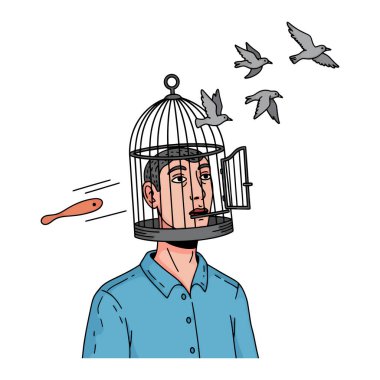 Kafasında kuş kafesi olan bir adam, kuşlarla çevrili uçuyor, özgürlük mücadelesini sembolize ediyor. Görüntü, adamın yüz ifadesi ve kuşların uçuşuna odaklanmış karikatür tarzı bir illüstrasyon..