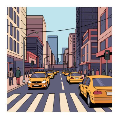Şehir manzarası illüstrasyonu, yayalar ve sarı arabaların yer aldığı, şehir hayatına odaklı.