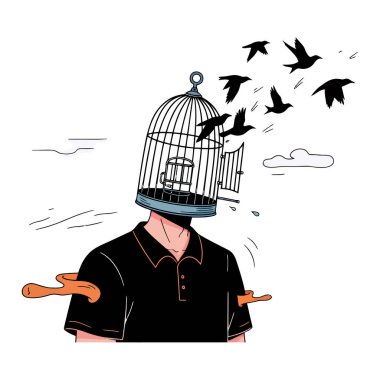 Kafasında kuş kafesi olan bir adamın kavramsal tasviri, kuşlar uçuşuyor, özgürlüğü simgeliyor ve zihinsel kısıtlamalardan kurtulmayı..
