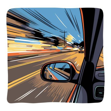 Geceleri araba süren, içeriden görülen, arabanın hareketini yansıtan yan yan aynaya odaklanan bir çizim..