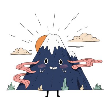 Kar, güneş, bulutlar ve pembe dumanlı gülümseyen bir dağın çizgi film çizimi. Dağların bacakları vardır ve otlarla çevrilidir..