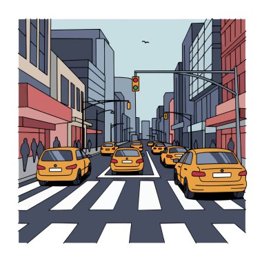 Sarı taksiler, yaya geçidi ve trafik ışıklarının yer aldığı bir şehir sokak manzarasının stilize edilmiş bir çizimi. Binalar cadde boyunca dizili ve yayalar görülebilir durumda. Bakış açısı sokak seviyesinden..