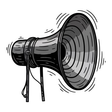 Beyaz arka planda izole edilmiş, içinden ses dalgaları çıkan bir megafonun gri tonlu bir çizimi..