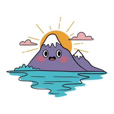 Yüzü gülen bir çizgi film dağının neşeli bir çizimi, sakin bir gölün üzerinde gün doğumuna karşı..