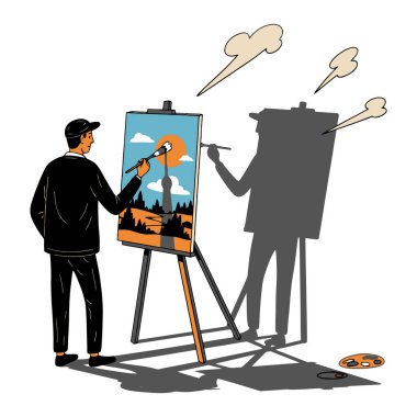 Bir sanatçı, aksiyonu yansıtan bir gölgeyle tuval üzerine bir manzara çizer. Sanat eserleri bir kuleyle gün batımı sahnesini tasvir ediyor..