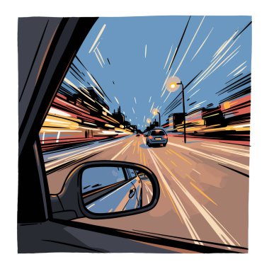 Sürücünün perspektifinden görülen ve hız ve şehir ışıklarının vurgulandığı bir gece sürücüsü tasviri..