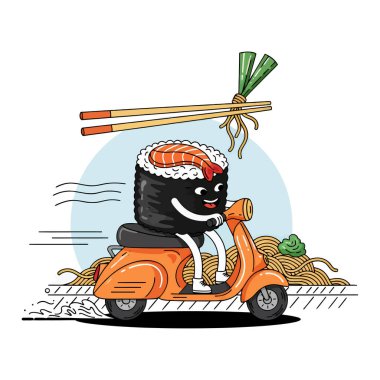Gülümseyen bir suşi karakteri portakallı scooter kullanıyor ve erişte dağıtıyor. Çubuklar ve soğanlar yukarıda tutulur. Arka plan açık mavi bir daire..