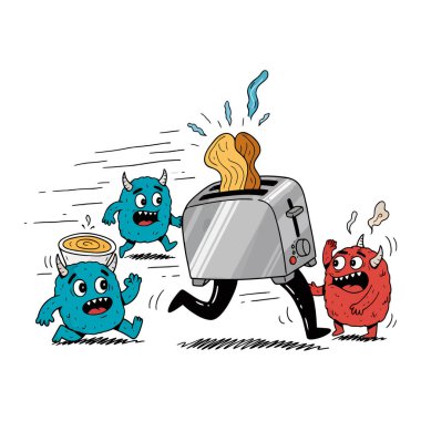 Çizgi filmdeki resimde bacaklı, tost fırlatan ve üç canavar tarafından kovalanan bir tost makinası tasvir ediliyor. Bir canavar kâsesini döküyor..