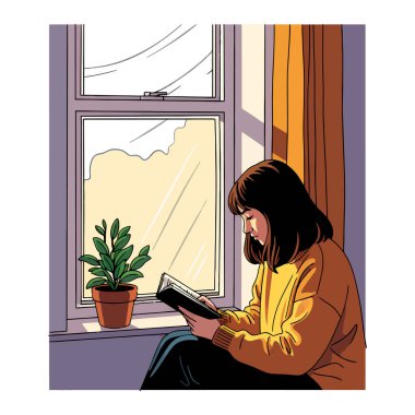 Bir kadın pencerenin yanında bir bitkiyle kitap okur ve sıcak ışıkta perdeleri açar. Resim tarzı, rahat ve huzurlu bir sahne..
