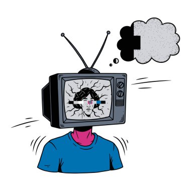 Retro TV kafası, çatlak ekranı ve düşünce baloncuğu olan birinin kavramsal çizimi.