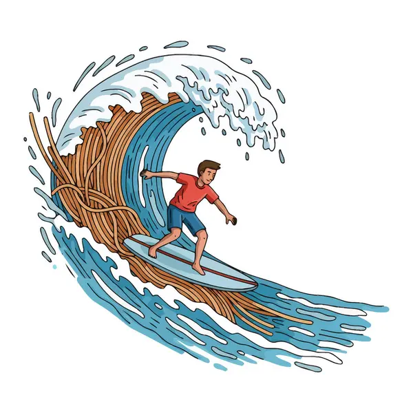 Tarzlı bir illüstrasyon, büyük bir dalgayı ustalıkla kullanan sörfçüyü tasvir eder, kendine özgü bir dokusu olan, muhtemelen ahşabı veya benzer bir maddeyi temsil eden..