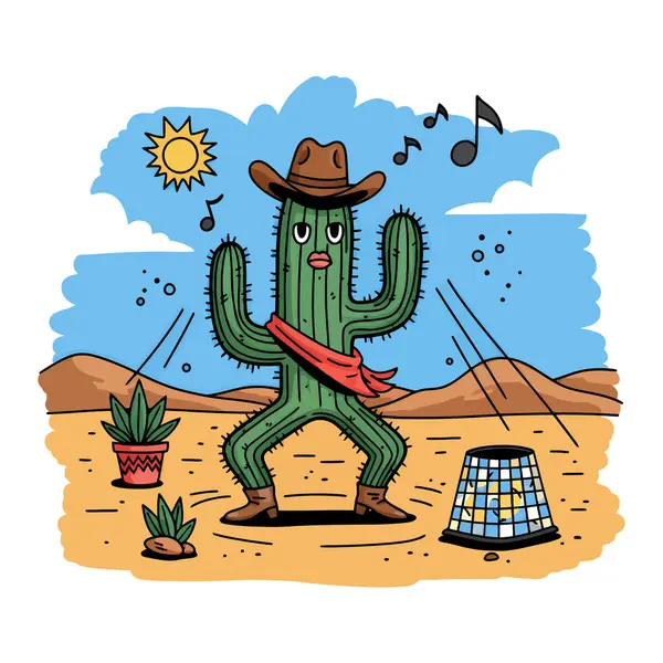 Çöl sahnesinde dans eden bir kaktüs kovboy, şapka ve eşarp takıyor, notaları, güneşi ve kafesi var..