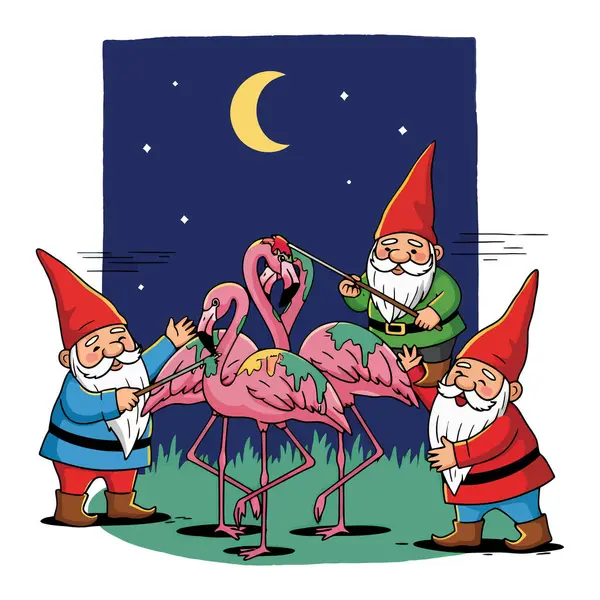 Üç bahçe cücesi gece hilal altında pembe flamingolar boyar. Çizgi film tarzı, tuhaf sahne.