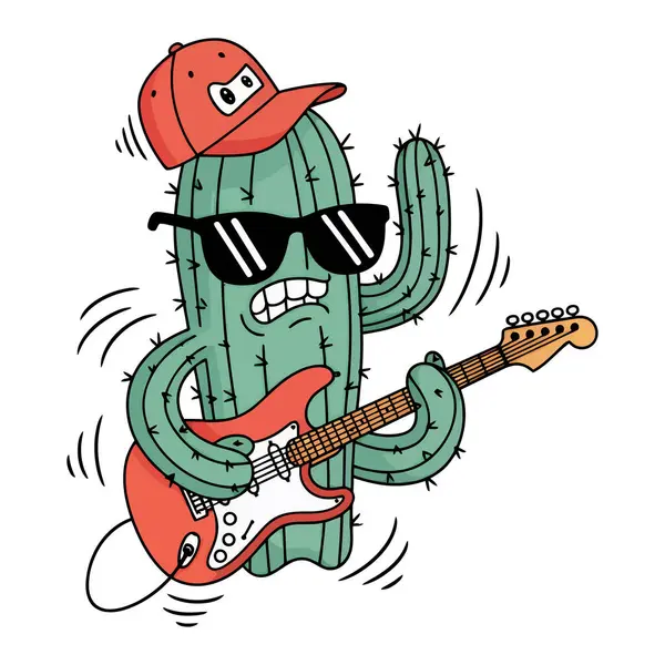 Güneş gözlüğü takan, kırmızı şapkalı, beyaz arka planda kırmızı elektro gitar çalan havalı bir kaktüsün karikatür çizimi..