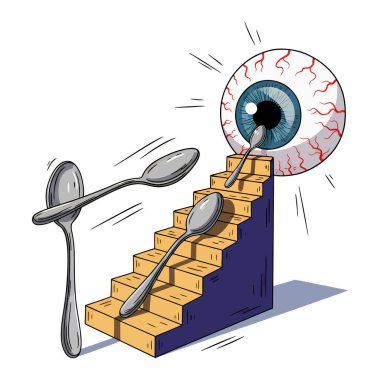 Kaşıkların merdivenleri tırmanarak büyük, detaylı bir göze doğru tırmandığını gösteren karikatür çizimi. Kaşıklar canlandırılmış gibi görünüyor..