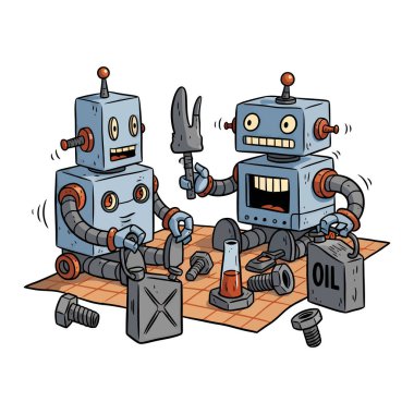 İki neşeli, antika robot, fındıklar, civatalar, yağ bidonları ve aletlerle çevrili bir piknik yaparken resmediliyor..