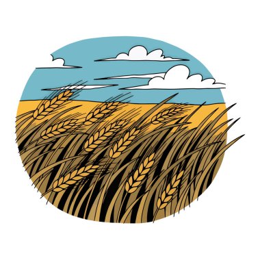 Mavi gökyüzünün altında kabarık beyaz bulutlu bir buğday tarlasının stilize edilmiş bir çizimi. Buğday sapları altın kahverengidir ve stili de karikatüre benzer..