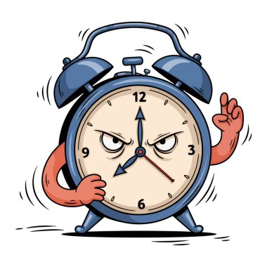 A detailed illustration of an anthropomorphic alarm clock with arms and legs, displaying an angry expression.