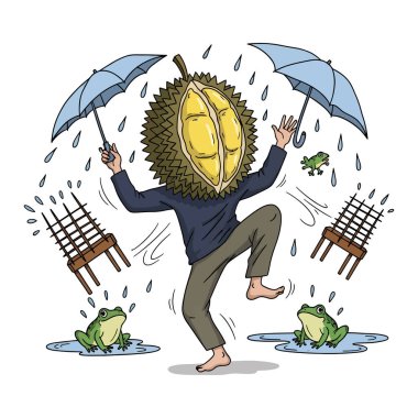 Durian meyvesi olan biri yağmurda dans eder, kurbağalardan ve tuzaklardan kaçar..