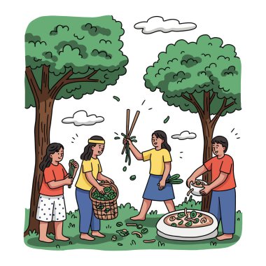 İnsanların dışarıda yemek hazırladığı karikatür çizimleri. Arka planda ağaçlar ve bulutlar var..