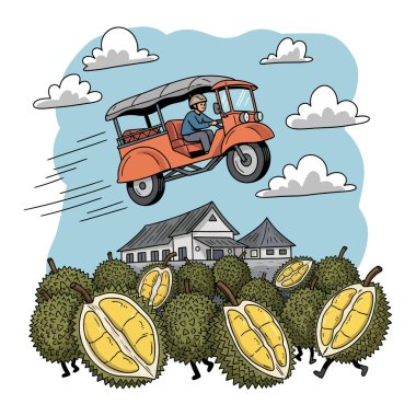 Durian meyvelerinin üzerinde uçan bir tuk-tuk çizimi.