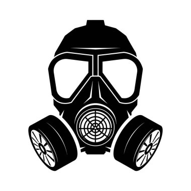 Beyaz arka planda siyah bir siluetin yer aldığı bir gaz maskesinin ayrıntılı bir çizimi. Maskenin geniş dairesel filtreleri ve merkezi solunum cihazları var..