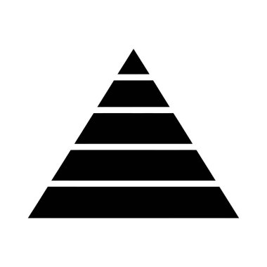 Beş yatay katmandan oluşan siyah bir piramit ikonu üçgen bir şekil oluşturuyor. Tasarım basit, geometrik ve beyaz arka planda izole..