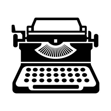 Yuvarlak tuşlu siyah beyaz bir daktilo simgesi, bir kağıt kaplama ve düz dizayn edilmiş bir daktilo sepeti..