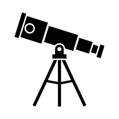 Siyah bir teleskop silueti, dairesel mercekli uzun bir tüp, istikrar için bir tripoda monte edilmiş..