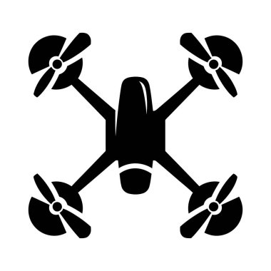 Merkezi gövdesi ve dört pervanesi olan siyah bir dron silueti. Tasarım basit ve grafik, çeşitli uygulamalar için uygun..