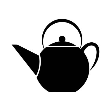 Yuvarlak bir vücut, kıvrımlı bir çıkıntı, düğmeli dairesel bir kapak ve kıvrımlı bir tutamağı içeren koyu siyah bir çaydanlık silueti..