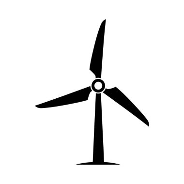 Bir rüzgar türbininin siyah silueti, dışa doğru uzanan üç bıçaklı merkezi bir göbekten oluşuyor. Türbin beyaz bir arkaplanda tasvir edilir.