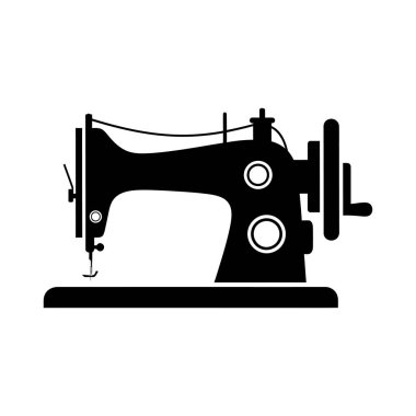 Eski model dikiş makinesinin siyah silueti, kavisli bir vücut, makaralı iğne, iğne ve el tekerleği içeriyor. Basit, sağlam tasarım..
