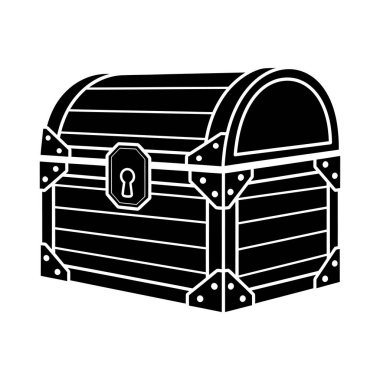 Bir hazine sandığının siyah beyaz çizimi. Göğüs dikdörtgen, üstü kıvrımlı, metal köşe takviyeleri ve bir anahtar deliği var..