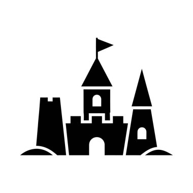 Merkezi kule, iki küçük yan kule ve merkez kule üzerinde küçük bir bayrak içeren basit, siyah bir kumdan kale silueti..