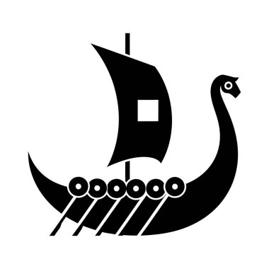 Yelkeni, kürekleri ve dekoratif kafası olan bir Viking gemisinin siyah silueti. Geminin gövdesi kıvrımlı ve dairesel detaylara sahip..