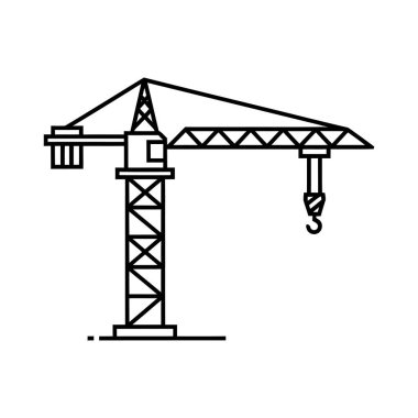 Minimalist siyah çizgili bir vinç tasviri, üçgen bir patlama ve asılı bir kanca içeriyor..