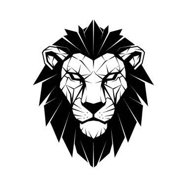 Siyah ve beyaza boyanmış stilize edilmiş geometrik bir aslan kafası. Tasarım, modern ve çarpıcı bir görsel yaratarak keskin açılar ve üçgen şekiller içerir..