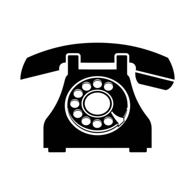 Eski bir çevirmeli telefonun siyah silueti. Telefon kıvrımlı bir ahizeye ve üzerinde numaralandırılmış delikler olan dairesel bir kadrana sahip. Tasarım basit ve klasik..