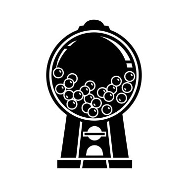 Küresel şekerlerle dolu yuvarlak cam bir kap ve tabanında bir şeker kutusu bulunan siyah beyaz bir sakız makinesi simgesi..