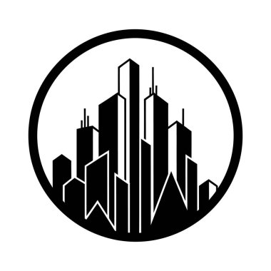 Basitleştirilmiş geometrik tarzda çeşitli yüksek binaların yer aldığı bir şehir siluetinin grafiksel bir temsili. Binalar koyu siyah ve beyaz çizgileri var..