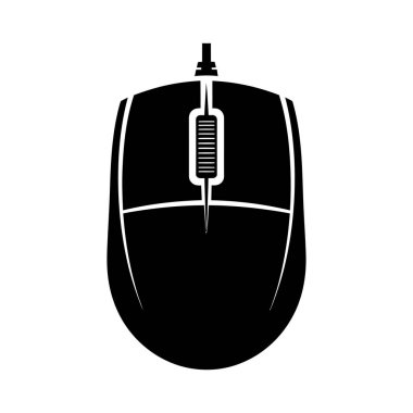 Katı siyah bilgisayar fare simgesi, tepeden tırnağa görünüm, tipik şekil ve düğme düzenini gösterir.