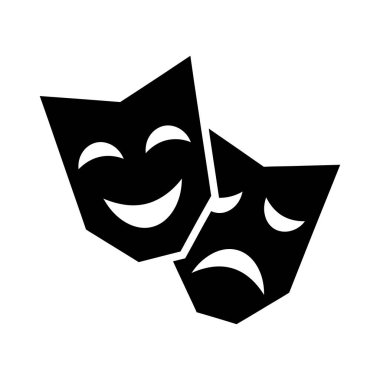 İki siyah tiyatro maskesi, biri gülümseyen, biri çatık kaşlı, komedi ve trajediyi temsil eden, basit, grafik bir siluet tarzı..