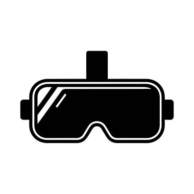 Biçimli VR kulaklık grafiği, koyu siyah siluet, basit çizgiler.