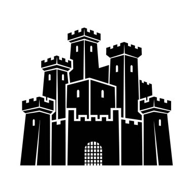 Siperleri, kemerli pencereleri ve girişi olan birden fazla kulesi olan siyah bir kale silueti. Tasarım simetrik..