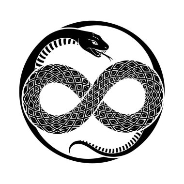 Geometrik desenli pulları olan stilize edilmiş bir kara yılan sonsuzluk sembolü olarak resmedilir. Yılanın başı görünür ve vücudu çok detaylı..