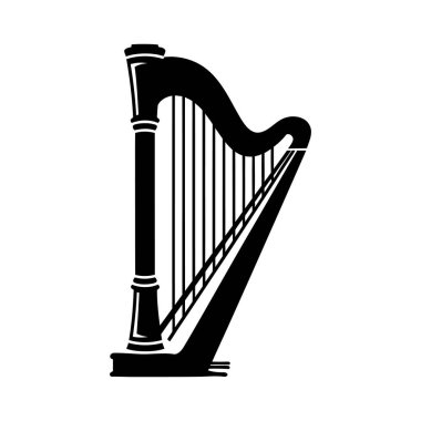 Bir arp ayrıntılı siyah silueti, kavisli çerçeve, dikey ipler ve taban, sergilenen klasik bir müzik aleti simgesi oluşturmak.