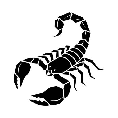 Bir stilize siyah akrep silueti geometrik şekilleri ile vücudunu oluşturan, bölümlü kuyruk ve belirgin kıskaçlar.