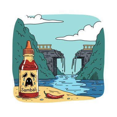 Cartoon bottle of sambal, depicted with tears, sits on a sandy beach next to a chili pepper, in a stylized landscape.